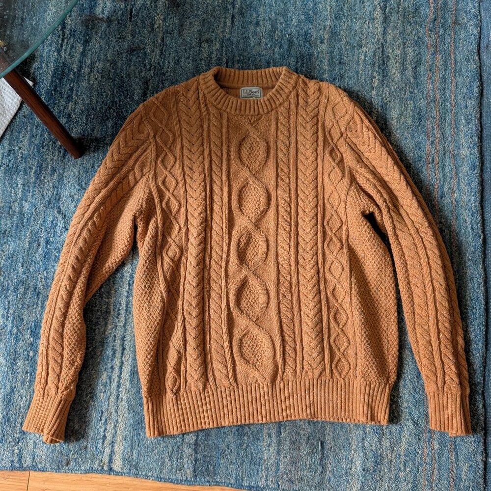 L.L. Bean Women's Cable Knit Crewneck Sweater in Camel Brown